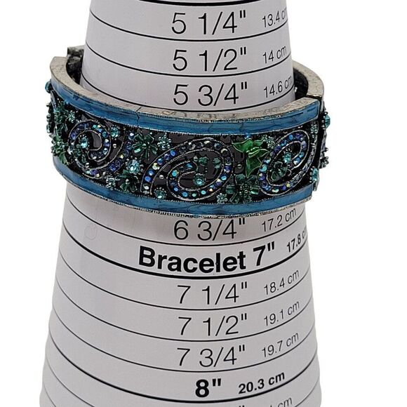 Blue Enamel Rhinestone Filagree Clamper Bangle Bracelet Flower Sparkle Glam 6.5" - Picture 3 of 9